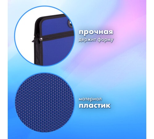 Сумка пластиковая BRAUBERG, А4+, 390х315х70 мм, на молнии, внешний карман, фактура бисер, синяя, 225167