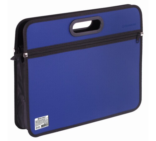 Сумка пластиковая BRAUBERG, А4+, 390х315х70 мм, на молнии, внешний карман, фактура бисер, синяя, 225167