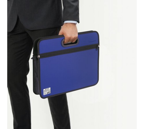 Сумка пластиковая BRAUBERG, А4+, 390х315х70 мм, на молнии, внешний карман, фактура бисер, синяя, 225167