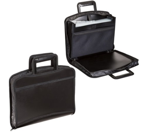 Папка-портфель пластиковая BRAUBERG А4+ (355х290х60 мм), выдвижные ручки, 9 отделений, 1 карман, черная, 225168