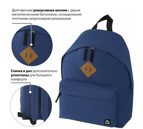 Рюкзак BRAUBERG СИТИ-ФОРМАТ один тон, универсальный, синий, 41х32х14 см, 225373