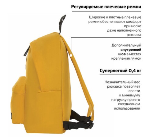 Рюкзак BRAUBERG СИТИ-ФОРМАТ один тон, универсальный, желтый, 41х32х14 см, 225378