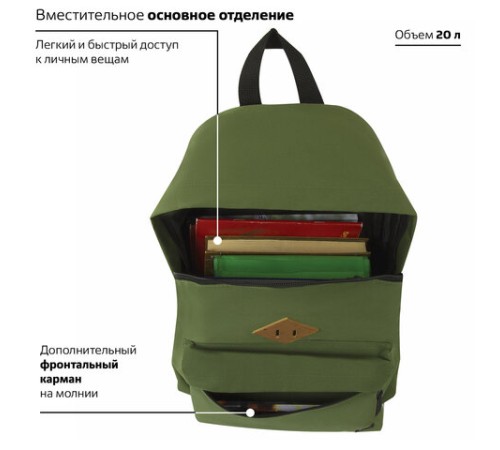 Рюкзак BRAUBERG СИТИ-ФОРМАТ один тон, универсальный, зеленый, 41х32х14 см, 225382