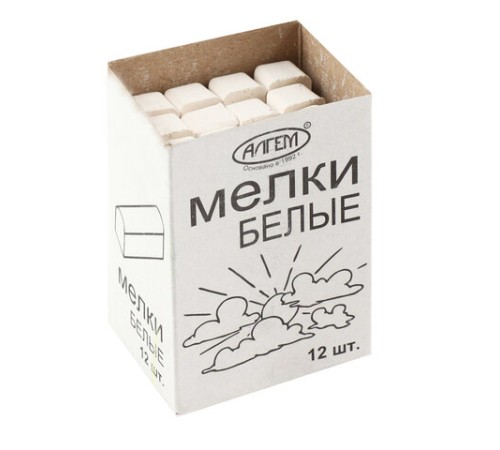 Мел белый квадратный 12 штук, АЛГЕМ, картонная упаковка, НМБ-12