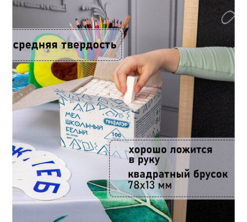 Мел белый квадратный 100 штук, ПИФАГОР, картонная упаковка, 227440