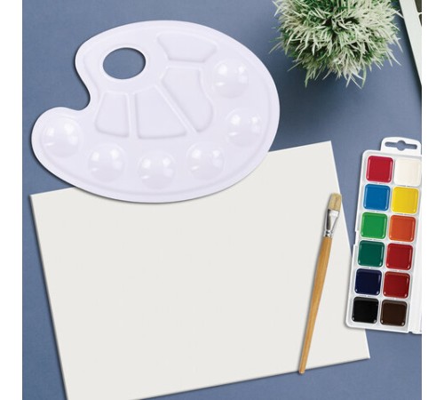 Палитра для рисования ПИФАГОР белая, овальная, 6 ячеек для красок и 4 ячейки для смешивания, 227805