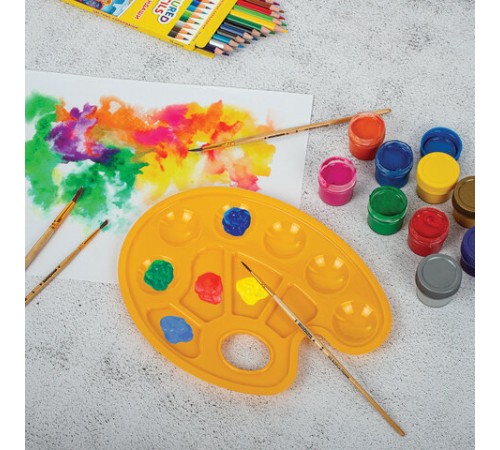 Палитра для рисования ЮНЛАНДИЯ желтая, овальная, 6 ячеек для красок и 4 для смешивания, европодвес, 227807