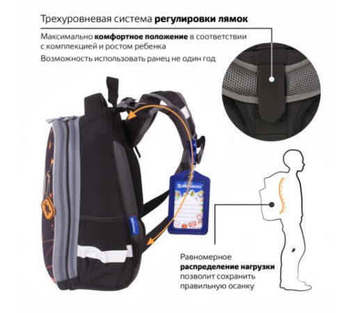 Ранец BRAUBERG PREMIUM, 2 отделения, с брелком, UFO, 38х29х16 см, 227815