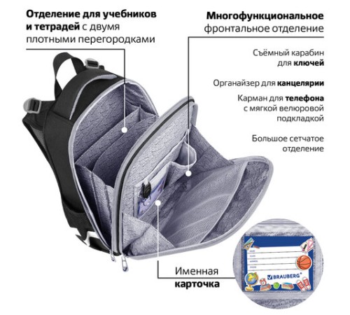 Ранец BRAUBERG PREMIUM, 2 отделения, с брелком, UFO, 38х29х16 см, 227815