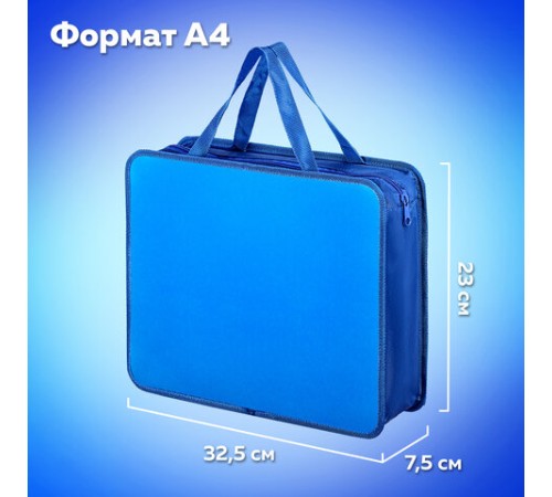 Папка на молнии с ручками ПИФАГОР, А4, 1 отделение, пластик, 75 мм, синяя, 228233