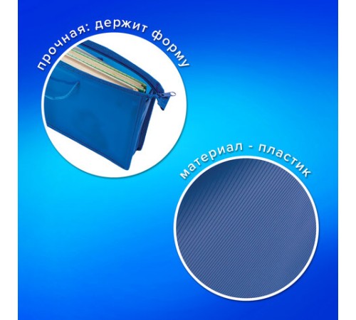 Папка на молнии с ручками ПИФАГОР, А4, 1 отделение, пластик, 55 мм, синяя, 228235