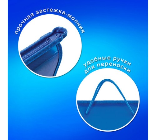 Папка на молнии с ручками ПИФАГОР, А4, 1 отделение, пластик, 55 мм, синяя, 228235
