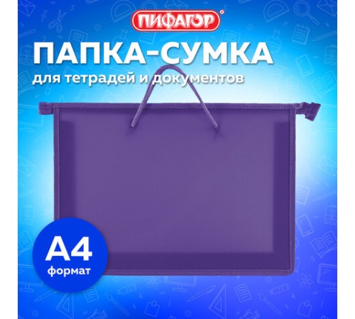 Папка на молнии с ручками ПИФАГОР, А4, 1 отделение, пластик, 55 мм, фиолетовая, 228237