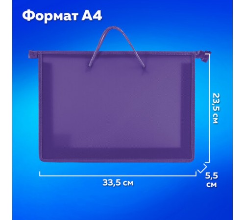 Папка на молнии с ручками ПИФАГОР, А4, 1 отделение, пластик, 55 мм, фиолетовая, 228237