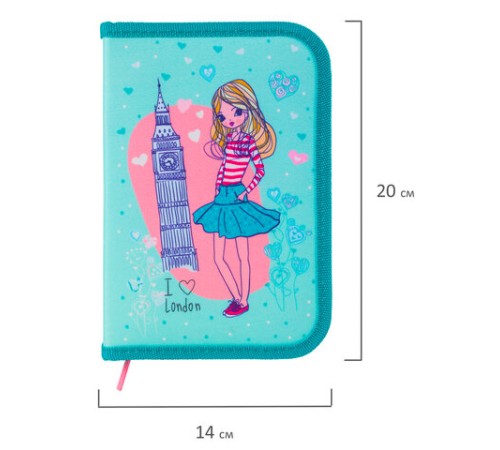 Пенал BRAUBERG, 1 отделение, 1 откидная планка, ткань, 20х14 см, 