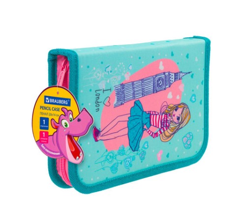 Пенал BRAUBERG, 1 отделение, 1 откидная планка, ткань, 20х14 см, 