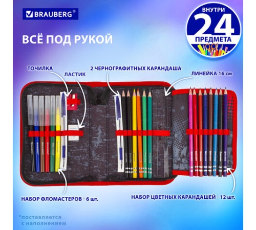 Пенал BRAUBERG с наполнением, 1 отделение, 1 откидная планка, 24 предмета, 21х14 см, 