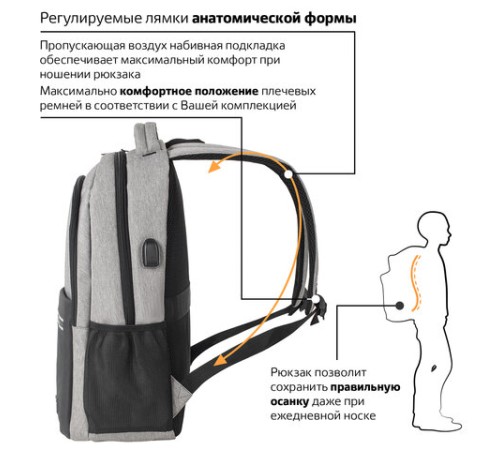 Рюкзак BRAUBERG URBAN универсальный, с отделением для ноутбука, USB-порт, Detroit, серый, 46х30х16 см, 229894