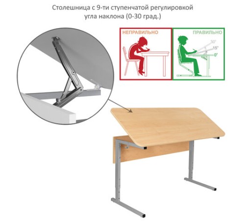 Стол-парта 2-местный, регулируемый угол, СУТ.55-01, 1200х500х520-640 мм, рост 2-4, серый каркас, ЛДСП клён Стол-парта 2-местный, регулируемый угол, СУТ.55-01, 1200х500х520-640 мм, рост 2-4, серый каркас, ЛДСП клён