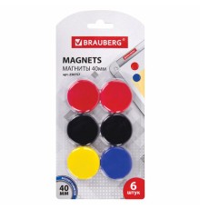 Магниты БОЛЬШОГО ДИАМЕТРА, 40 мм, КОМПЛЕКТ 6 штук, цвет АССОРТИ, в блистере, BRAUBERG, 230757