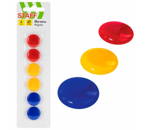 Магниты МАЛОГО ДИАМЕТРА, 20 мм, КОМПЛЕКТ 6 штук, цвет АССОРТИ, в блистере, STAFF 