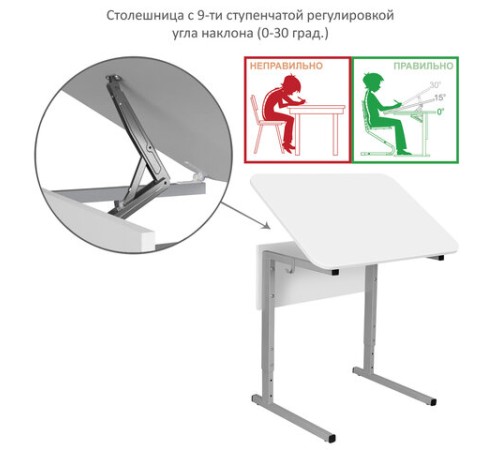 Стол-парта 1-местный, регулируемый угол, СУТ.54-01, 600х500х520-640 мм, рост 2-4, серый каркас, ЛДСП белая Стол-парта 1-местный, регулируемый угол, СУТ.54-01, 600х500х520-640 мм, рост 2-4, серый каркас, ЛДСП белая