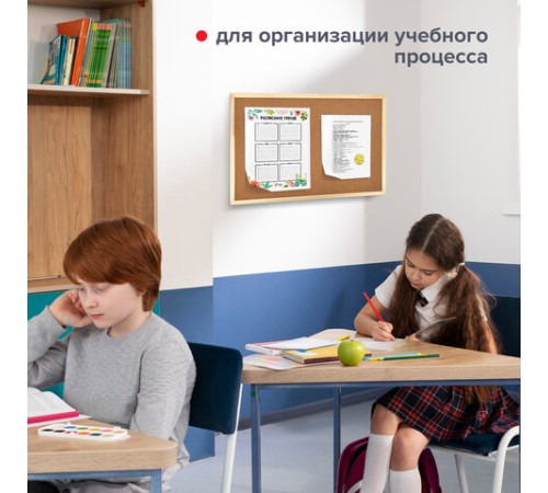 Доска пробковая для объявлений 60х90 см, деревянная рамка, ГАРАНТИЯ 10 ЛЕТ, РОССИЯ, BRAUBERG, 236860