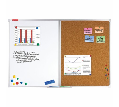 Доска комбинированная: магнитно-маркерная, пробковая для объявлений, 60х90 см, РОССИЯ, BRAUBERG, 236864