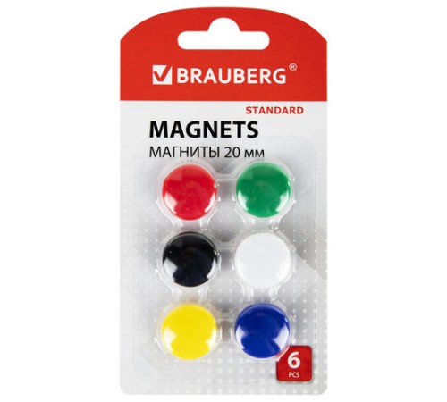 Магниты МАЛОГО ДИАМЕТРА 20 мм, НАБОР 6 шт., ассорти, BRAUBERG 
