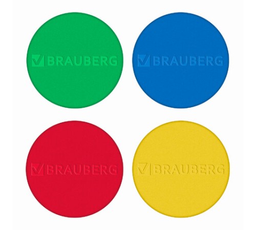 Магниты МОЩНЫЕ 40 мм (БОЛЬШОГО ДИАМЕТРА), НАБОР 4 шт., ассорти, BRAUBERG 