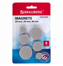 Магниты МОЩНЫЕ, НАБОР 20 мм - 2 шт., 30 мм - 2 шт., 40 мм - 2 шт., серые, BRAUBERG 
