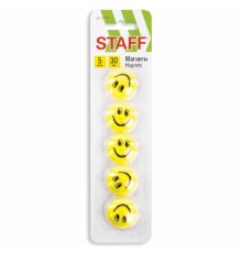 Магниты СРЕДНЕГО ДИАМЕТРА, 30 мм, НАБОР 5 штук, с рисунком СМАЙЛИК, жёлтые, в блистере, STAFF 