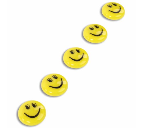 Магниты СРЕДНЕГО ДИАМЕТРА, 30 мм, НАБОР 5 штук, с рисунком СМАЙЛИК, жёлтые, в блистере, STAFF 
