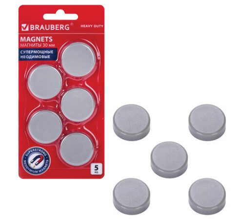 Магниты СУПЕРМОЩНЫЕ НЕОДИМОВЫЕ 30 мм, НАБОР 5 шт., серые, BRAUBERG 