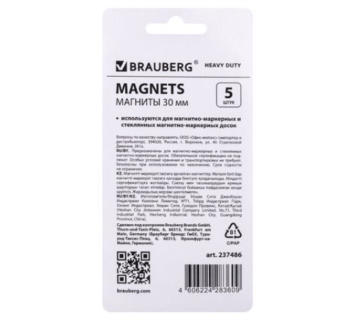 Магниты СУПЕРМОЩНЫЕ НЕОДИМОВЫЕ 30 мм, НАБОР 5 шт., серые, BRAUBERG 