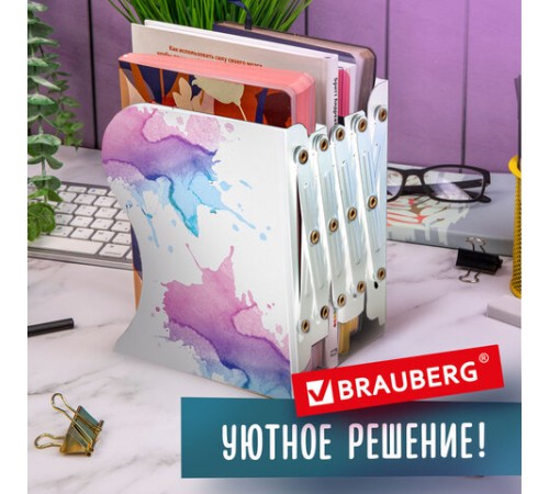 Подставка-держатель для книг и учебников BRAUBERG, раздвижная, металлическая, белая с печатью, 237903