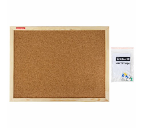 Доска пробковая для объявлений 45х60 см, деревянная рамка, BRAUBERG Wood, 238310