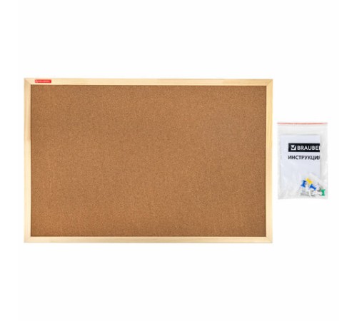 Доска пробковая для объявлений 60х90 см, деревянная рамка, BRAUBERG Wood, 238311