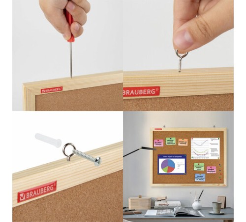 Доска пробковая для объявлений 60х90 см, деревянная рамка, BRAUBERG Wood, 238311