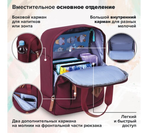 Рюкзак BRAUBERG FRIENDLY универсальный с длинными ручками, бордовый, 37х26х13 см, 270090