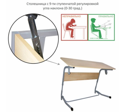 Стол-парта 2-местный, регулируемый угол, "Олимп", 1200х500х520-640 мм, рост 2-4, серый каркас, ЛДСП клён Стол-парта 2-местный, регулируемый угол, "Олимп", 1200х500х520-640 мм, рост 2-4, серый каркас, ЛДСП клён