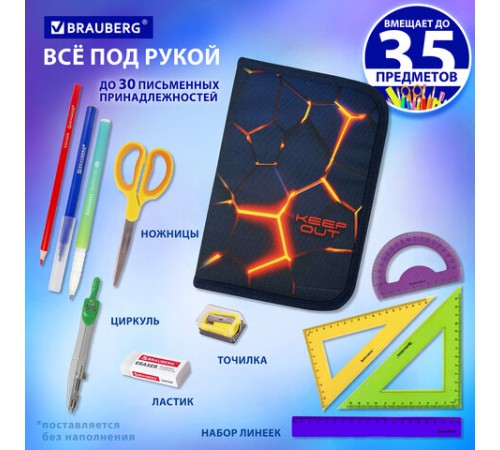 Пенал BRAUBERG, 1 отделение, 2 откидные планки, полиэстер, 21х14 см, 