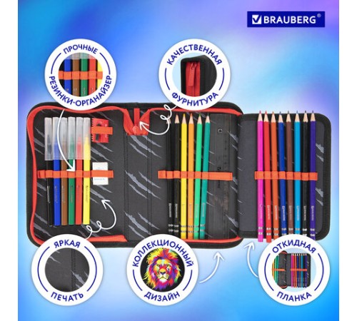 Пенал BRAUBERG с наполнением, 1 отделение, 1 откидная планка, 24 предмета, 21х14 см, 