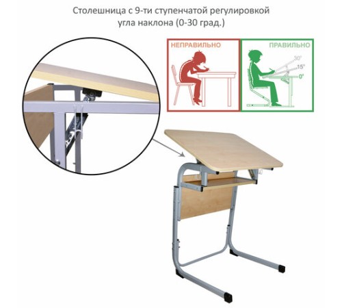Стол-парта 1-местный, регулируемый угол, "Атлант", 600х500х520-640 мм, рост 2-4, серый каркас, ЛДСП клён Стол-парта 1-местный, регулируемый угол, "Атлант", 600х500х520-640 мм, рост 2-4, серый каркас, ЛДСП клён