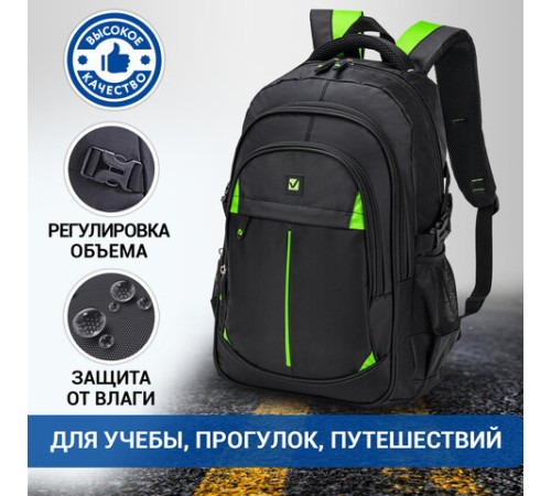 Рюкзак BRAUBERG TITANIUM универсальный, 3 отделения, черный, салатовые вставки, 45х28х18 см, 270766