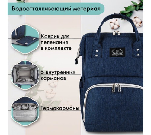 Рюкзак для мамы BRAUBERG MOMMY с ковриком, крепления на коляску, термокарманы, синий, 40x26x17 см, 270820