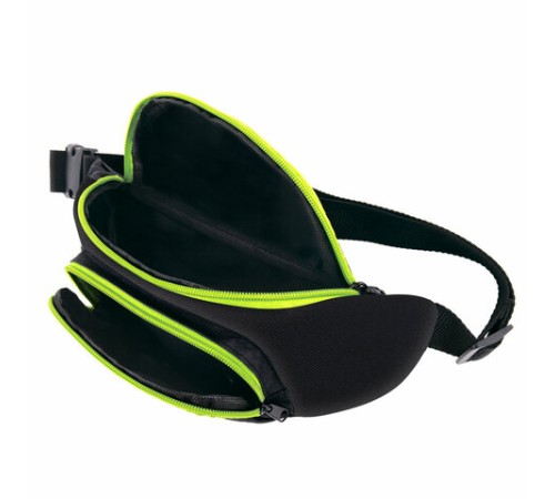 Сумка на пояс BRAUBERG RIO, карман, регулируемый ремень, черная, салатовые детали, 30х12x10 см, 270823