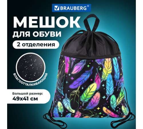 Мешок для обуви BRAUBERG БОЛЬШОЙ, с ручкой, карман на молнии, сетка, 49х41 см, 