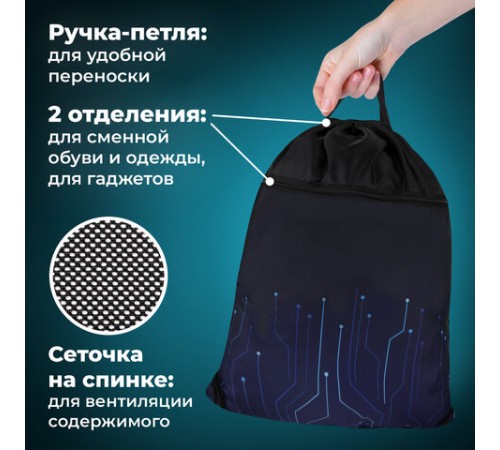 Мешок для обуви BRAUBERG БОЛЬШОЙ, с ручкой, карман на молнии, сетка для вентиляции, 49х41 см, 