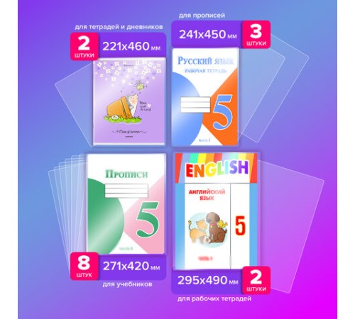 Обложки ПВХ для тетрадей и учебников, НАБОР 15 шт., ПЛОТНЫЕ, 110 мкм, универсальные, прозрачные, BRAUBERG, 271263